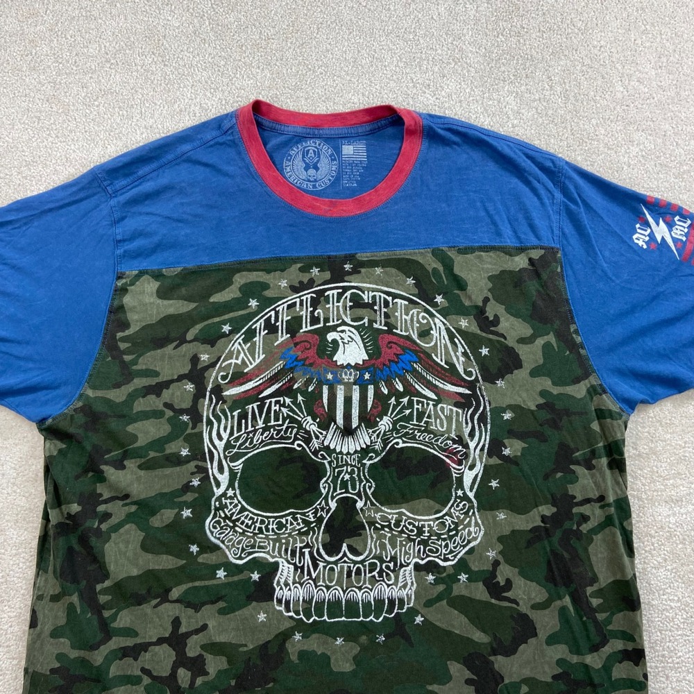 Affliction T Shirt Mens 3XL Blue Camo Skull Graphic American Customs Eagle Tee